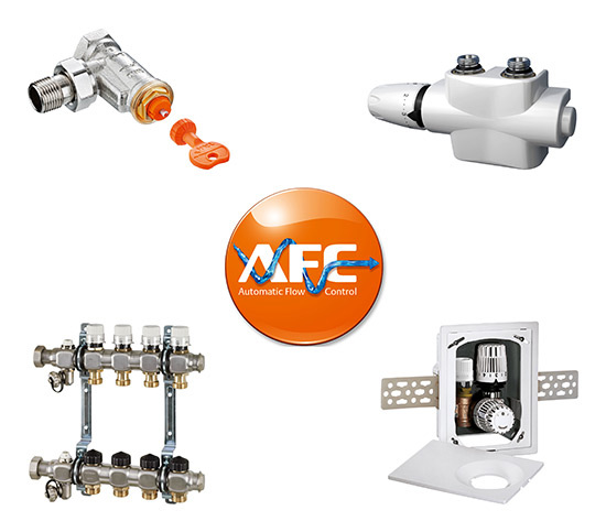 AFC ist für unterschiedliche Anwendungen verfügbar: Thermostatventile 
A-exact, Fußbodenkreisverteiler Dynacon und Multibox (Bild: TA Heimeier)