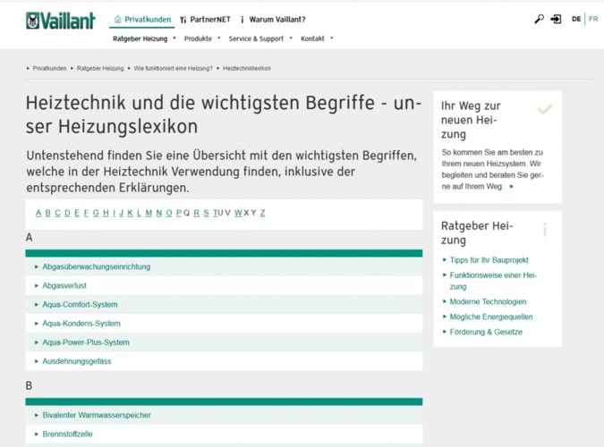 Screenshot Vaillant Heiztechniklexikon www.vaillant.de