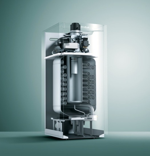 Öl-Brennwertkessel „icoVIT“. Die RL-Temperatur muss gegenüber dem Energieträger Erdgas um ca. 9K tiefer liegen um den Brennwert-Effekt nutzen zu können.