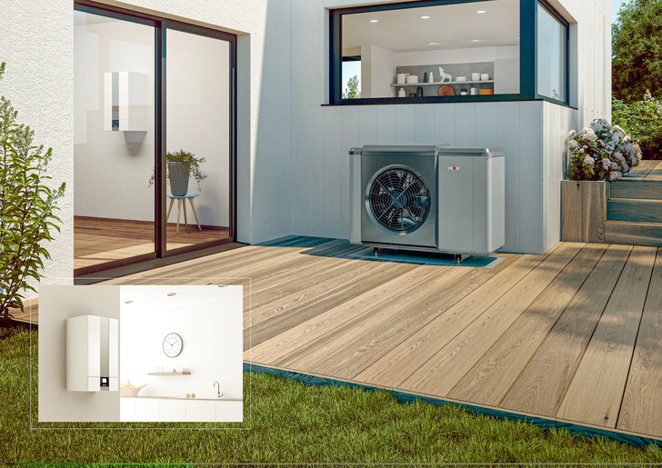 Hybridheizsystem mit der Luft-/Wasser-Wärmepumpe ﻿Gas-Brennwertgerät 