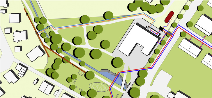 Heizzentrale im neuen Rathaus, Armaturenschacht (schwarz) und Pufferspeicher (rot). Primärkreislauf vom Abwasserkanal (braun) zu den Wärmetauschern, Sekundärkreislauf des Kalten Nahwärmenetzes zu den Hausanschlüssen. - © Bild: Energiedienst
