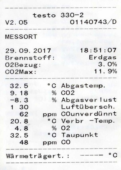 Messprotokoll eines Brennwert Wärmeerzeugers