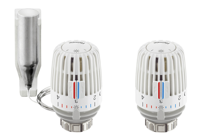 Mauelle Thermostatköpfe, im Bild mit eingebauten Fühler und Fernfühler für die Einzelraumtemperaturregelung, benötigen keine Hilfsenergie und haben einen außerordentlich langen Lebenszyklus.