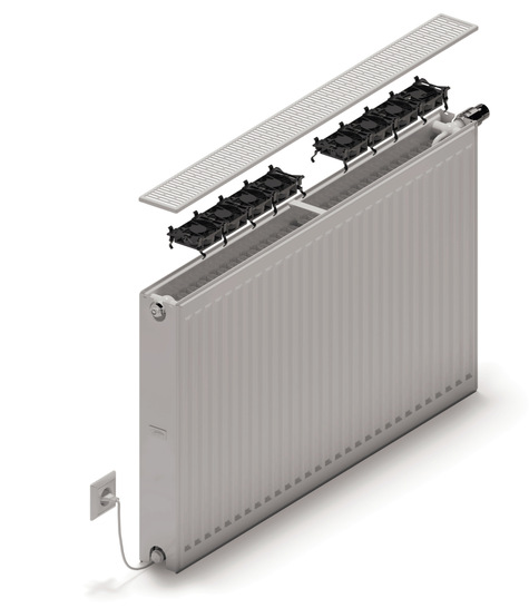 Dafür, dass dieser Heizkörper auch zur Kühlung geeignet ist, wurden Lüfter eingebaut, die zusammen mit einer entsprechenden Regelung den Heiz- oder Kühlbetrieb unterstützen. Diese Lüfter sorgen bedarfsgerecht für eine erzwungenen Konvektion.