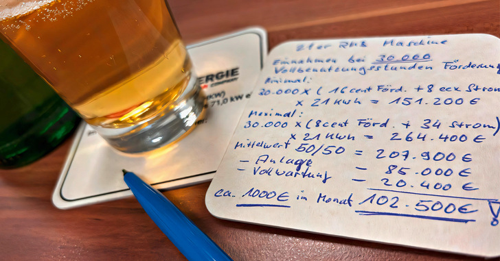 Eine überschlägige Bierdeckelrechnung skizziert den Einnahme-Überschuss eines neoTower BHKW über die Laufzeit von zehn Jahren.