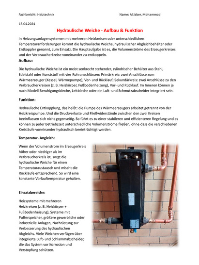 Optimierter Alt-Text (deutsch): Hydraulische Weiche mit angeschlossenen Rohren und Manometern, neben einem roten Membran-Ausdehnungsgefäß, installiert an einer Wand in einem Heizungsraum; typische Komponenten einer modernen Heizungsanlage im SHK-Handwerk.