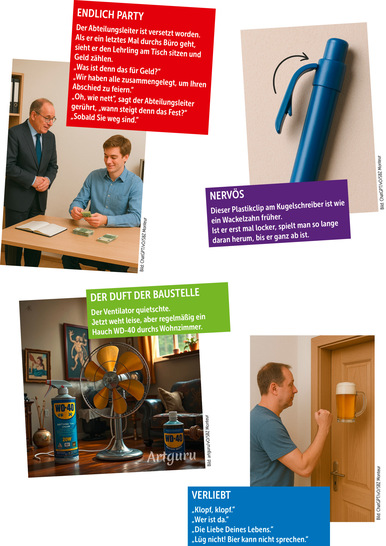 Gerne! Ein optimaler, themenrelevanter Alt-Text für ein Bild mit vier humorvollen Anzeigen zu WD-40 im Kontext eines SHK-Fachmagazins könnte lauten: „Collage aus vier humorvollen WD-40-Werbeanzeigen: Menschen setzen das Kriechöl bei der Wartung von Sanitär- und Heizungsinstallationen sowie in ungewöhnlichen Alltagssituationen ein.“ Begründung: Dieser Alt-Text ist präzise, beschreibt die Kernaussage des Bildes (WD-40-Anwendung im SHK-Kontext), bezieht sich auf relevante Tätigkeiten der Zielgruppe (Montage und Wartung von Installationssystemen) und verzichtet auf unnötige Fremdwörter oder Anglizismen.