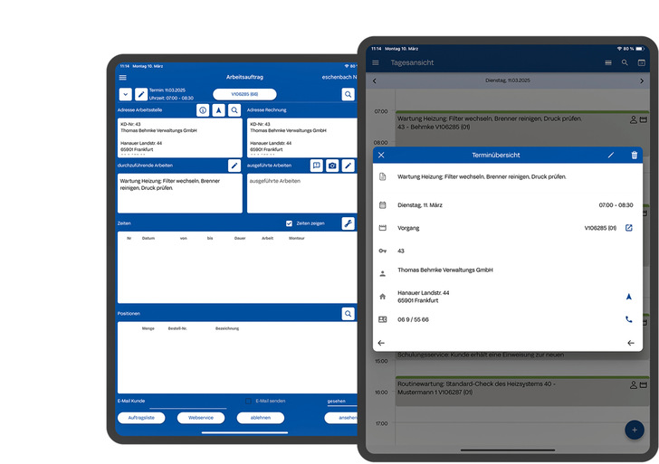 Zwei Tablets mit blauer und weißer Oberfläche für Wartungsplanung und Aufgabenmanagement-Software. - © Bild: Sykasoft