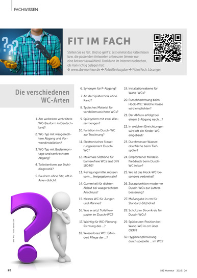 Eine Quizseite in einer Zeitschrift mit einem lila Fragezeichen und einer Person, die neben einer Liste von Fragen zum Thema WC mit den Schultern zuckt.