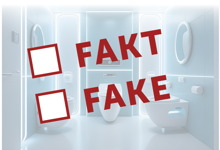 Ein modernes Badezimmer mit "FAKT" und "FAKE" in fetter roter Schrift und Kästchen neben jedem Wort.