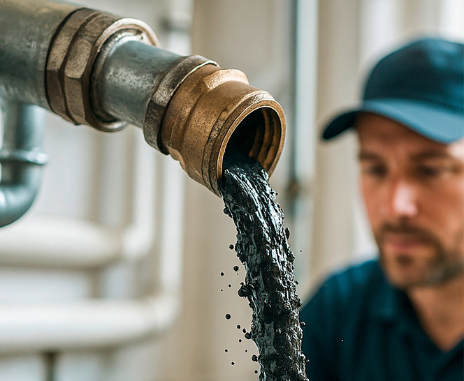 Schwarzes, stinkendes Wasser läuft aus dem System – das ist Magnetitschlamm.