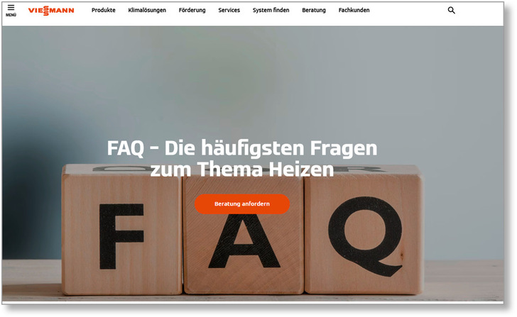 Holzwürfel mit den Buchstaben "FAQ" und Text: "FAQ - Die häufigsten Fragen zum Thema Heizen". - © Bild: www.viessmann.de