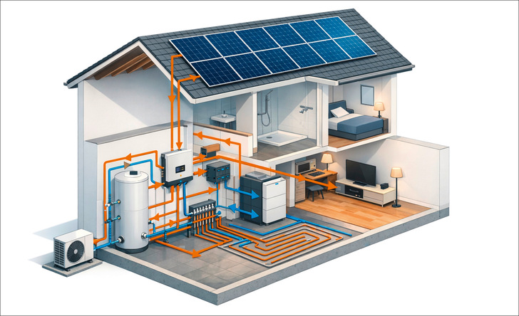 Schematische Darstellung: PV-Anlage, Wärmepumpe, Speicher und Energiemanagement müssen im Gebäude als Gesamtsystem zusammenspielen, damit möglichst viel Solarstrom direkt für Wärme und andere Verbraucher genutzt werden kann.