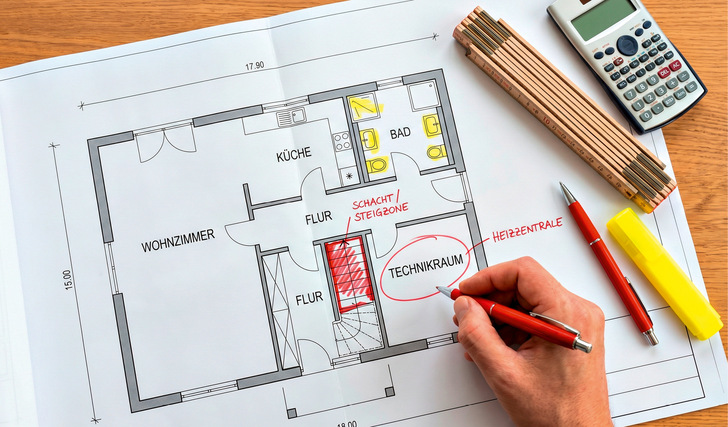 Schon im Grundriss sollten Leitungswege, Steigzonen, Wanddurchbrüche und mögliche Kollisionen mit tragenden Bauteilen oder anderen Gewerken markiert werden.