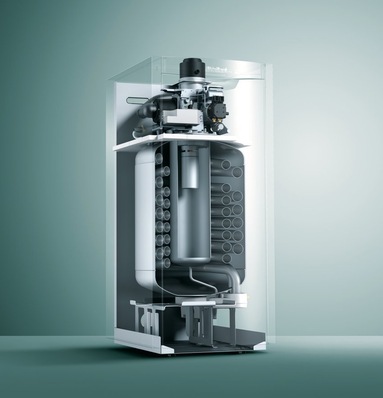 Öl-Brennwertkessel „icoVIT“. Die RL-Temperatur muss gegenüber dem Energieträger Erdgas um ca. 9K tiefer liegen um den Brennwert-Effekt nutzen zu können.