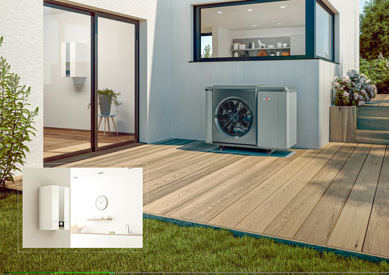 Hybridheizsystem mit der Luft-/Wasser-Wärmepumpe ﻿Gas-Brennwertgerät 