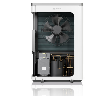Das Innenleben der Außeneinheit einer Wärmepumpe, hier die Compress 7400i AW von Bosch 