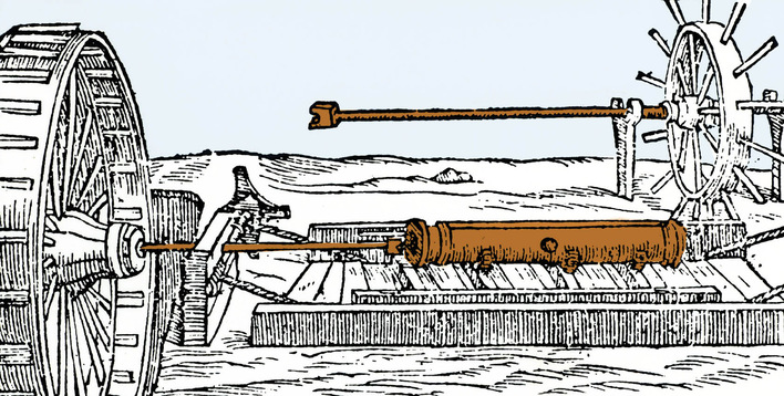 Preisfrage!Das große Rad, links im Bild, dreht einen Bohrer, der ein Loch in die bronzene Kanone schneidet. Dabei …… wird Caloricum freigesetzt oder … erzeugt die Reibung Hitze