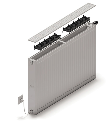 Dafür, dass dieser Heizkörper auch zur Kühlung geeignet ist, wurden Lüfter eingebaut, die zusammen mit einer entsprechenden Regelung den Heiz- oder Kühlbetrieb unterstützen. Diese Lüfter sorgen bedarfsgerecht für eine erzwungenen Konvektion.