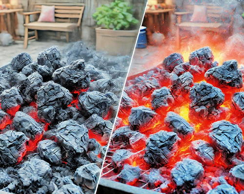 Folgendes leuchtet ein: Anfangs (linkes Bild) hat die glimmende Holzkohle eine geringe mittlere ­Übertemperatur und damit eine geringe Wärmeleistung. In voller Glut (rechtes Bild) hingegen ist die mittlere Übertemperatur ­wesentlich höher. Was das mit einer Fußbodenheizung zu tun hat lesen Sie in diesem Bericht.