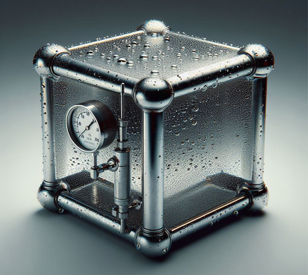 Der Würfel aus dem Gedankenexperiment ist bis zur Oberkante mit Wasser gefüllt und wird dann verschlossen. Der Anschluss des Manometers erfolgt Oberkante Würfel.