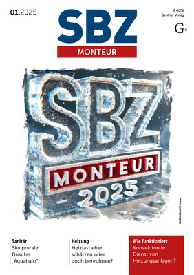 Alt-Text: „Cover der Zeitschrift SBZ Monteur 2025 mit Eisskulpturen-Schriftzug und Artikeln zu den Themen Heizungstechnik und Badgestaltung für Auszubildende und Fachkräfte im SHK-Handwerk.