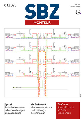 "Titelbild der Fachzeitschrift SBZ Monteur mit technischen Diagrammen einer Sanitäranlage und deutschsprachigem Text zu Themen der Sanitär-, Heizungs- und Klimatechnik, speziell für Auszubildende und Fachkräfte im SHK-Handwerk.